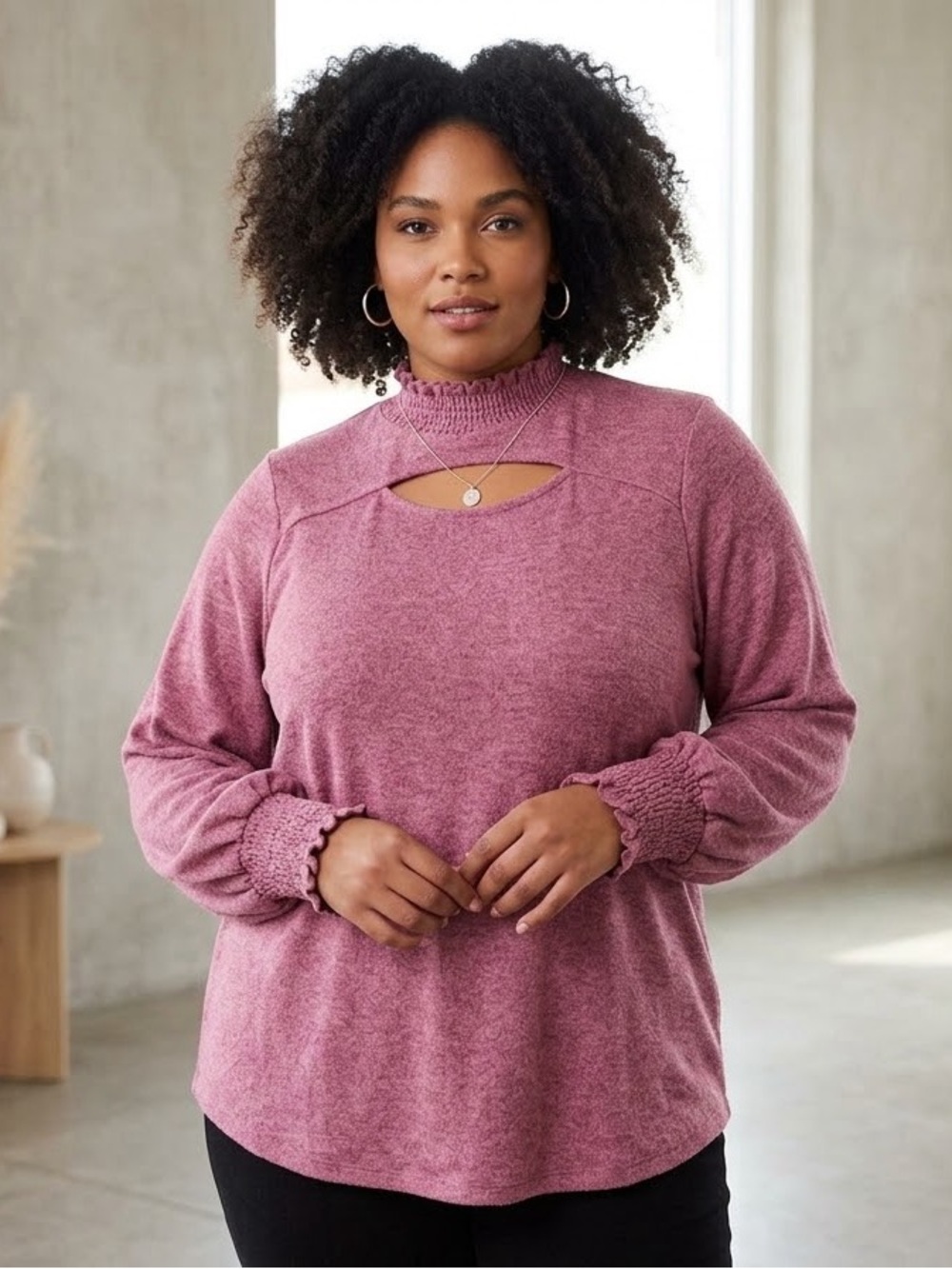 Terra & Sky Dusty Rose Mock Neck Keyhole Pullover